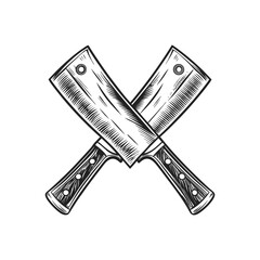 Obraz premium crossed butcher knife engraving hand drawn illustration isolated white background