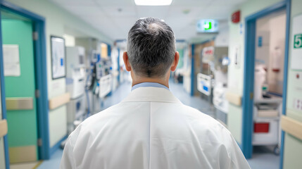 Obraz premium Backview of a doctor in a white coat, looking at patient charts in a hospital hallway, focusing on patients and providing good care