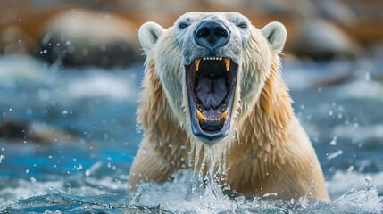 This photo captures a polar bear in an intense moment of roaring, surrounded by splashing water, portraying the untamed and ferocious side of this iconic Arctic species.