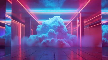 A surreal scene showing a futuristic corridor filled with large, fluffy pink clouds, illuminated by vibrant neon blue and pink lighting, creating a dreamlike atmosphere.