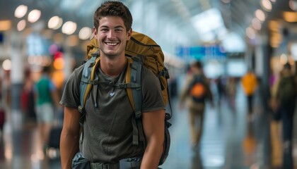 Joyful young man with backpack navigates airport terminal, symbolizing solo traveler's anticipation