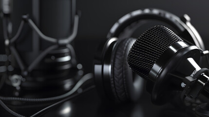 Sleek black studio microphone and headphones on dark background for sound engineering banner