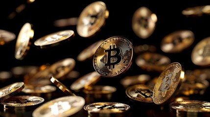 3d bitcoin coins on a black background