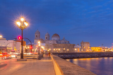 Cathedral de Santa Cruz at night in Cadiz, Andalusia, Spain