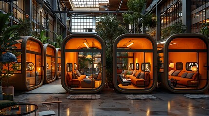 An innovative startup space with transparent meeting pods and neon brainstorming boards, bustling with creativity. 