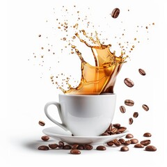 Dynamic image of coffee splashing into a white cup surrounded by coffee beans on a white background, capturing the energy of a fresh brew.
