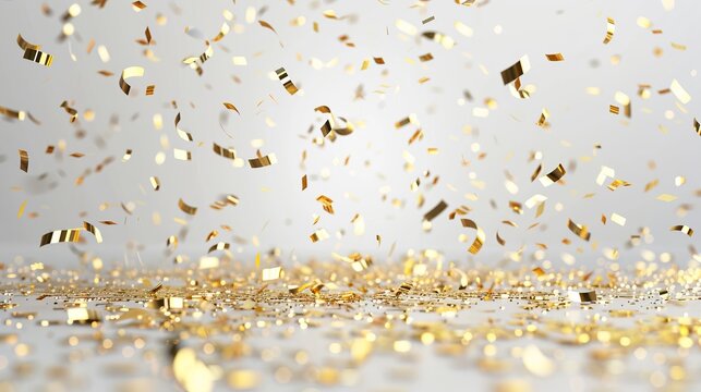 A multitude of glittering gold confetti pieces scattered beautifully on a light background, creating an effect of celebration and festivity across the scene.