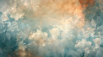 Obraz premium A vintage-style painted canvas backdrop featuring a soft, cloud-like pattern with muted colors, offering plenty of copy space on the left side