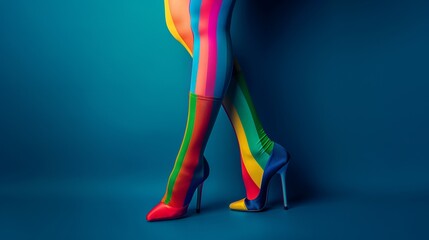 Two lower bodies adorned with rainbow-hued striped leggings and high heels, against a blue backdrop, presenting a fun and fashion-forward concept.