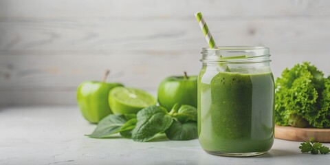Fresh green smoothie in a jar on a white background Healthy eating concept AI-Generated Content