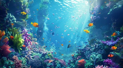 An exquisite underwater landscape of a brightly lit coral reef, teeming with various species of fish and marine plants, creating a colorful and lively natural vista.