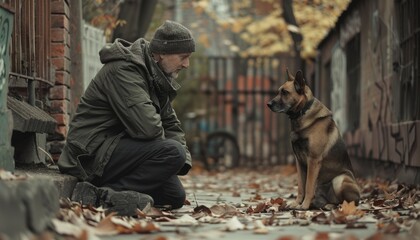 A businessman enjoys a break from work with his dog outdoors, exuding joy contentment