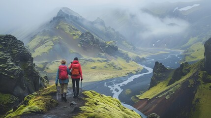 A couple is seen trekking along a stunning mountainous path, surrounded by misty peaks and lush green vegetation, enjoying an adventurous and picturesque hike.