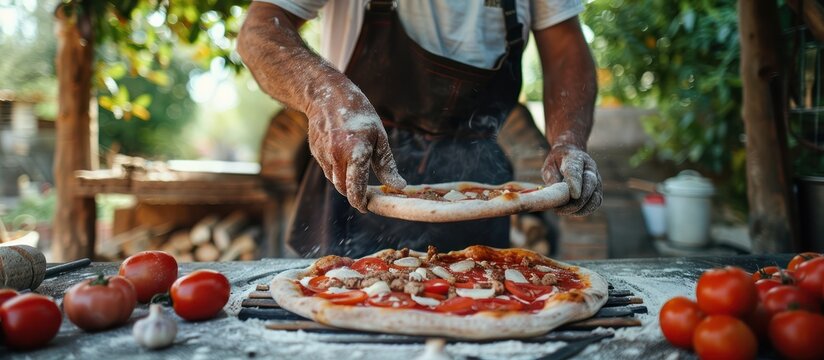 Pizza Preparation in a Rustic Outdoor Setting