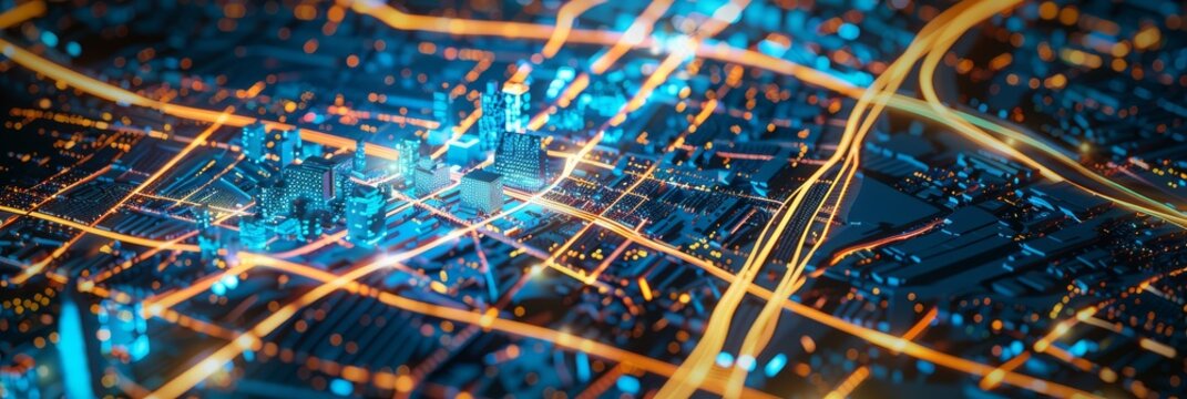 Detailed image of a city map integrated with a digital interface illustrating data processing