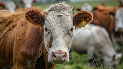 A natural image capturing a cow grazing in a field, with other cows in the background. The scene is typical of a countryside setting, showcasing livestock in their habitat.