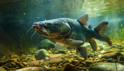 A fascinating underwater shot of a carp gracefully gliding, showcasing its distinctive features