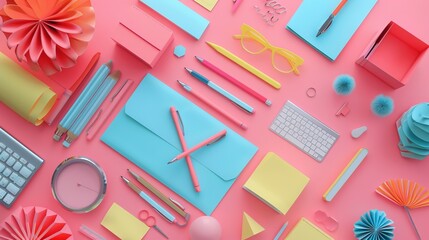 An array of colorful stationery and office supplies like pens, glasses, envelopes, and a clock arranged neatly on a pastel-colored desk, giving a cheerful and vibrant feel.