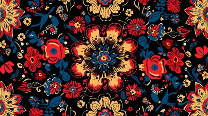 A dark floral pattern with bold and colorful details featuring vibrant flowers and leaves arranged in an intricate and visually engaging composition.