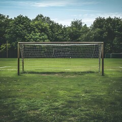 Fototapeta premium Empty Football Goal on Green Pitch Outdoor Sports Scene
