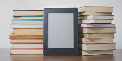Black Ebook Reader with Many Paper Books AI Generative