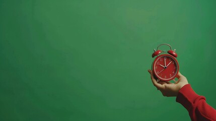 A hand in a red sleeve is holding a red retro-style alarm clock with a green background,...