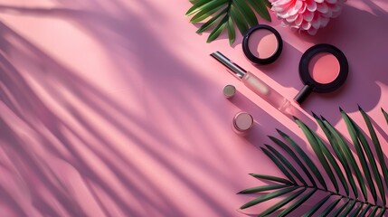 Bright Flat Lay of Cosmetic Products with Tropical Leafs on Pink Background