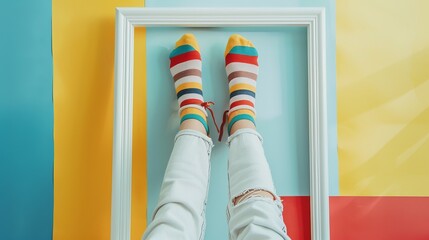 A photograph of a person showcasing their legs dressed in colorful striped socks and white sneakers, with ripped jeans, set against a vibrant multi-colored abstract background.