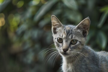 Obraz premium Curious cat attentively gazes in a lush green garden, bathed in soft natural light.