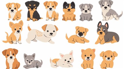 Obraz premium These cute cartoon puppies are depicted in a variety of poses and breeds, offering a charming and playful element for any children's design project or playful theme.