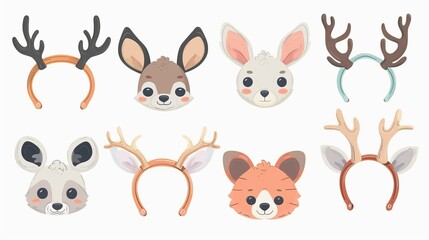 Obraz premium This illustration displays a variety of animal-themed cartoon headbands featuring designs like antlers, bunny ears, and fun animal faces, emphasizing their whimsical and charming appeal.