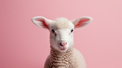 A cute lamb with delicate pink ears stands against a soft pink background, showcasing its fluffy white wool and an innocent, curious expression under bright lighting.