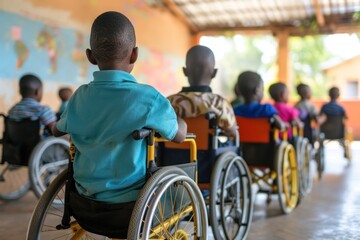 Obraz premium children disabled person in wheelchairs at school, inclusive education