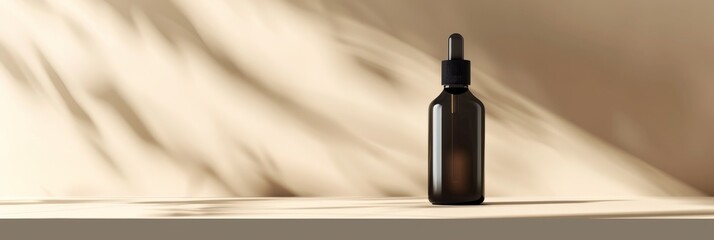 Black bottle of skincare serum or cream on light background Stylish mockup for beauty products