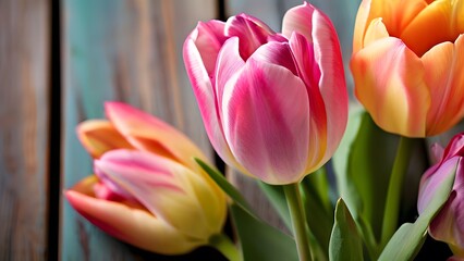 tulips close up photo with a spectrum of pastels and vibrant colors resting on a weathered wood background