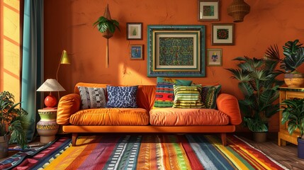 A bright and cheerful living room featuring orange walls, a yellow couch, colorful cushions, vibrant wall art, and lush plants, radiating warmth and comfort.