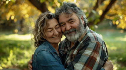 Fototapeta premium Couple in their middle years sharing a warm embrace and a smile, enjoying a leisurely day in a green park