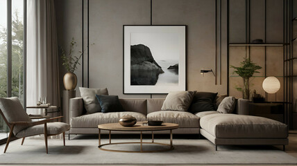 In a modern living room interior, a sleek mockup frame takes center stage, blending seamlessly with the surrounding furniture and decor. The frame's minimalist design and clean lines complement room