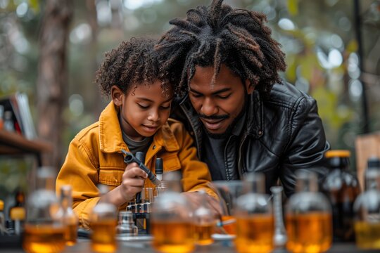 Father and Son Conduct a Science Experiment in the Outdoors