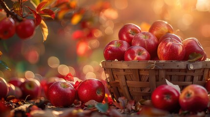 A basket of ripe red apples sits on a table surrounded by fallen leaves in an autumn orchard.