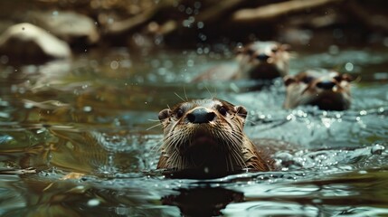 Fototapeta premium Playful Family of Otters Swimming 