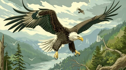 A majestic eagle, wings spread wide, soars over a lush green valley with a meandering river below, symbolizing freedom and the beauty of nature’s wilderness.