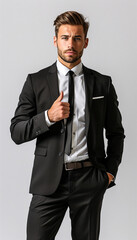 A handsome businessman in a suit standing confidently in a studio and smiling 