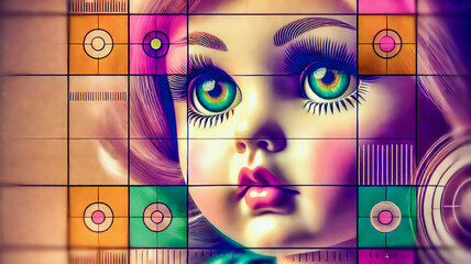 A close-up of a doll's face with large, colourful eyes, framed by geometric shapes and vivid colours, creating a surreal and artistic composition.