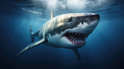 Fototapeta premium Great white shark swimming in the ocean water with open mouth and teeth.