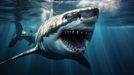 Fototapeta premium Great white shark swimming in the ocean water with open mouth and teeth.
