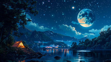 Naklejka premium camp and stand tent near lake style anime