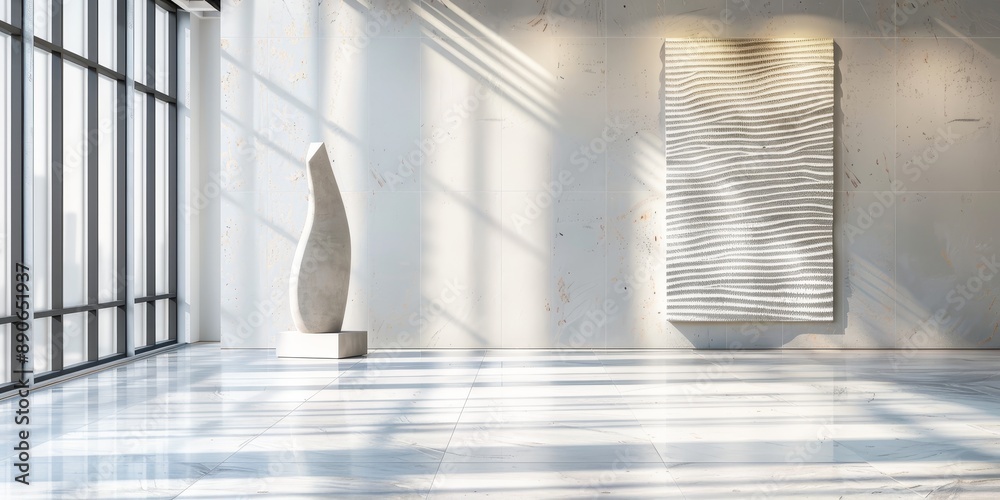 Poster a minimalist 3d relief sculpture in a contemporary art gallery, focusing on clean lines and subtle s
