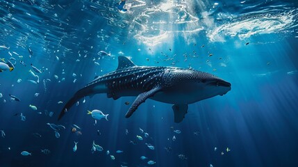 Fototapeta premium An underwater scene featuring a large whale shark swimming peacefully with an array of vibrant fish around it, set against a beautifully lit ocean backdrop.