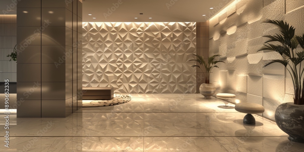 Aufkleber a decorative 3d wall tile arrangement in a hotel lobby, adding visual interest with its intricate pa
